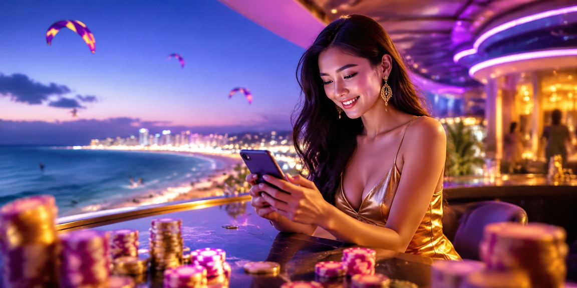 Màn hình điện thoại hiển thị giao diện cá cược thể thao tại khu nghỉ dưỡng Mũi Né rực ánh đèn neon